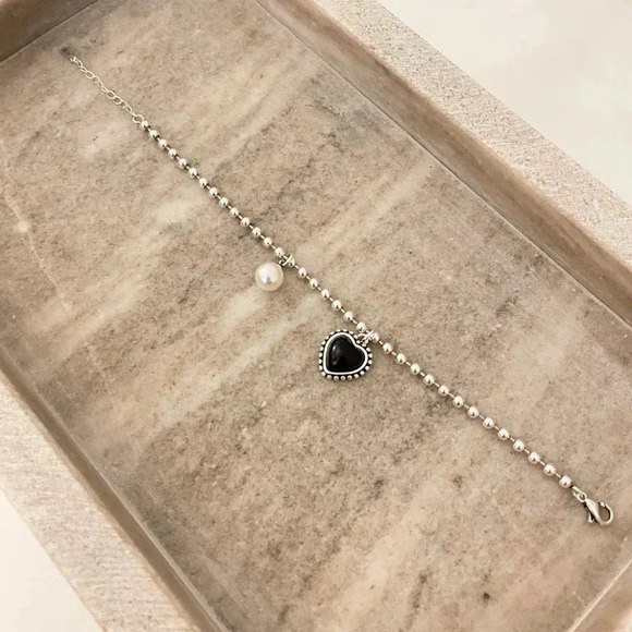 925 Sterling Silver Dainty Bead Bracelet Minimalist Heart & Pearl Charm Bracelet - Picture 3 of 5